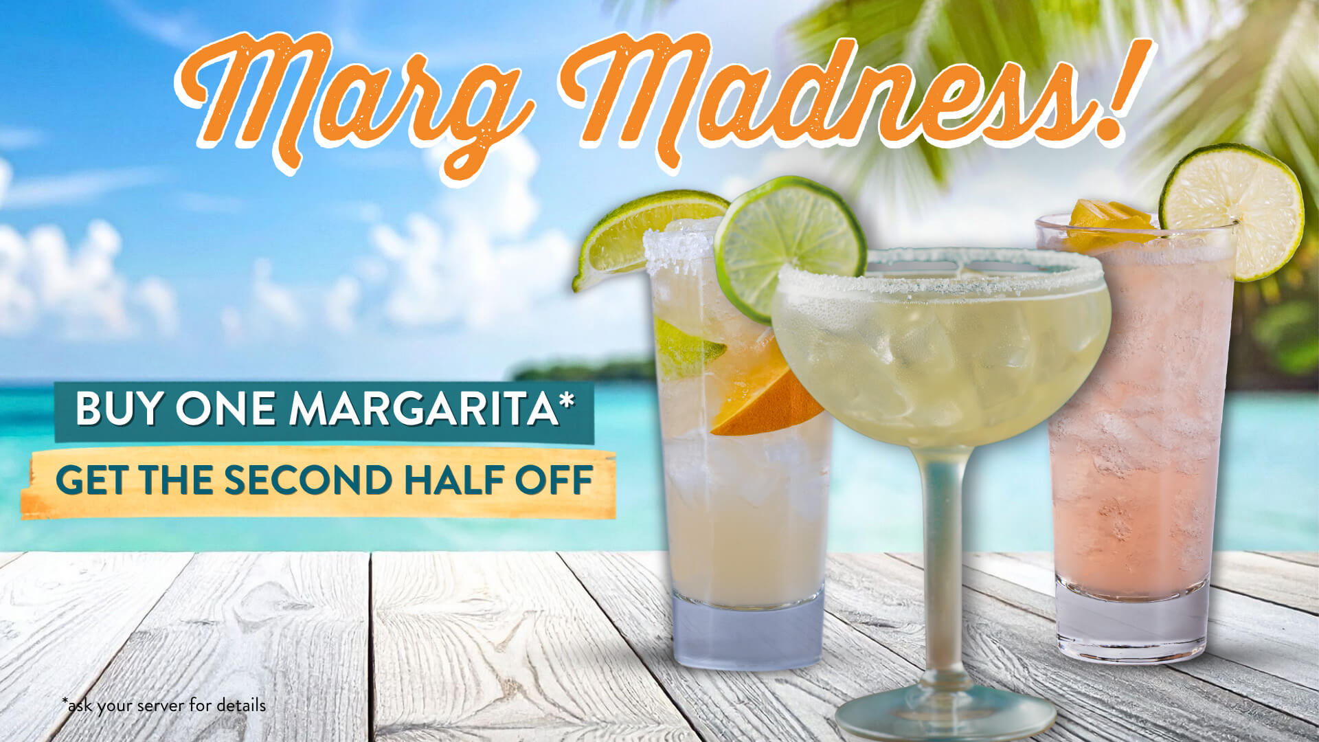 Marg Madness. Three refreshing types of Margaritas with beautiful tropical waters and palm trees behind them